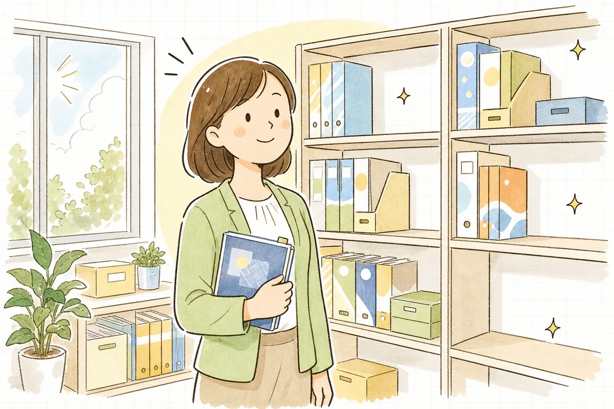 整理を終えて空きのできた書庫の棚の前で、廃棄予定を書き込んだノートを手に、肩の力が抜けて穏やかにほほえむ労務担当者