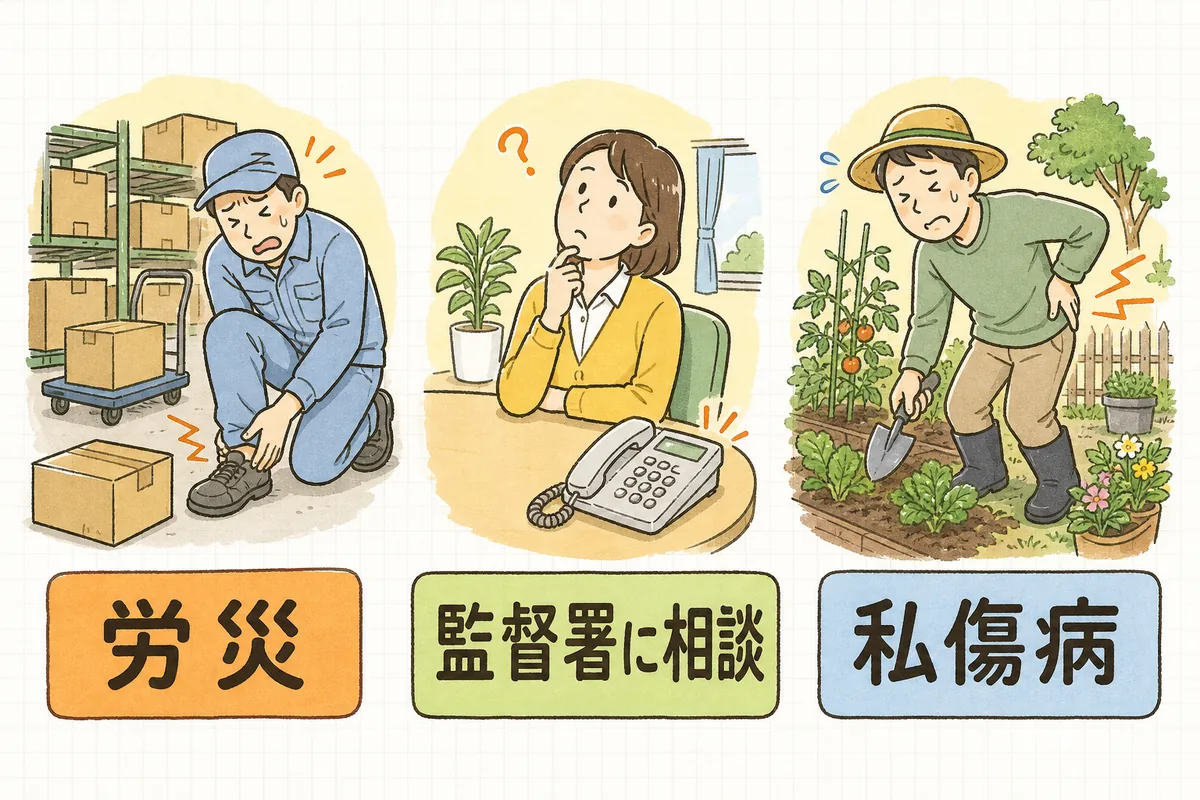 仕事中のケガは労災、休日など仕事と関係ないケガは私傷病、判断に迷うケースは労働基準監督署に相談、という3つの分かれ道を示した図
