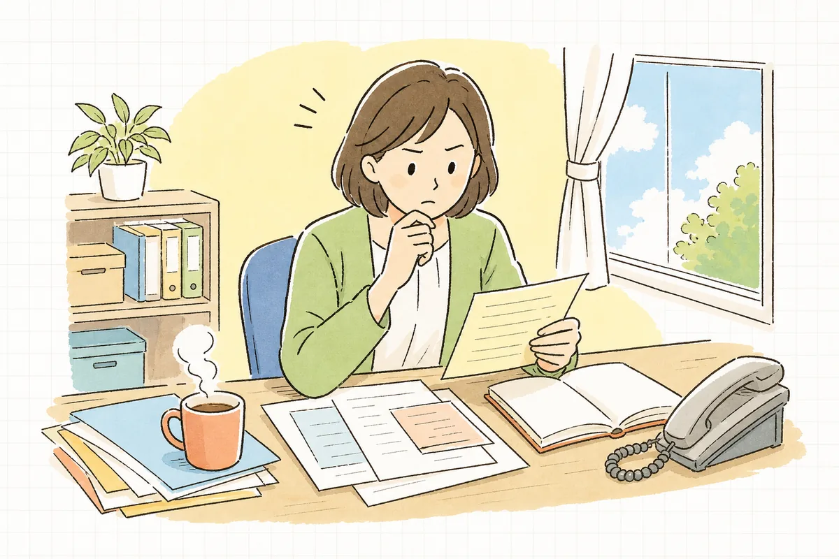 事務所の机で、従業員から届いた未払い残業や退職に関する申し出のメモを前に、あわてず状況を整理しようと落ち着いて考えている中小企業のひとり労務担当者