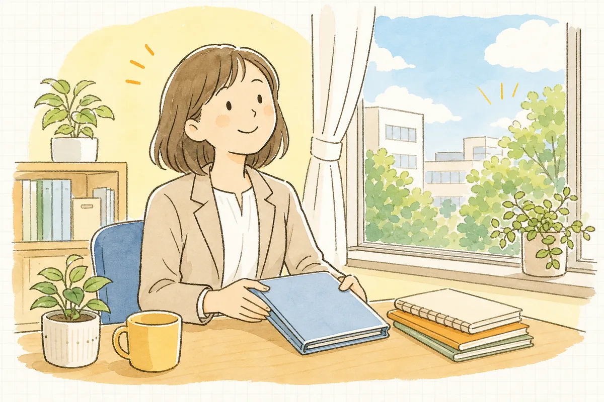 相談内容を整理し終えて、資料を閉じながら穏やかな表情で顔を上げているひとり労務担当者