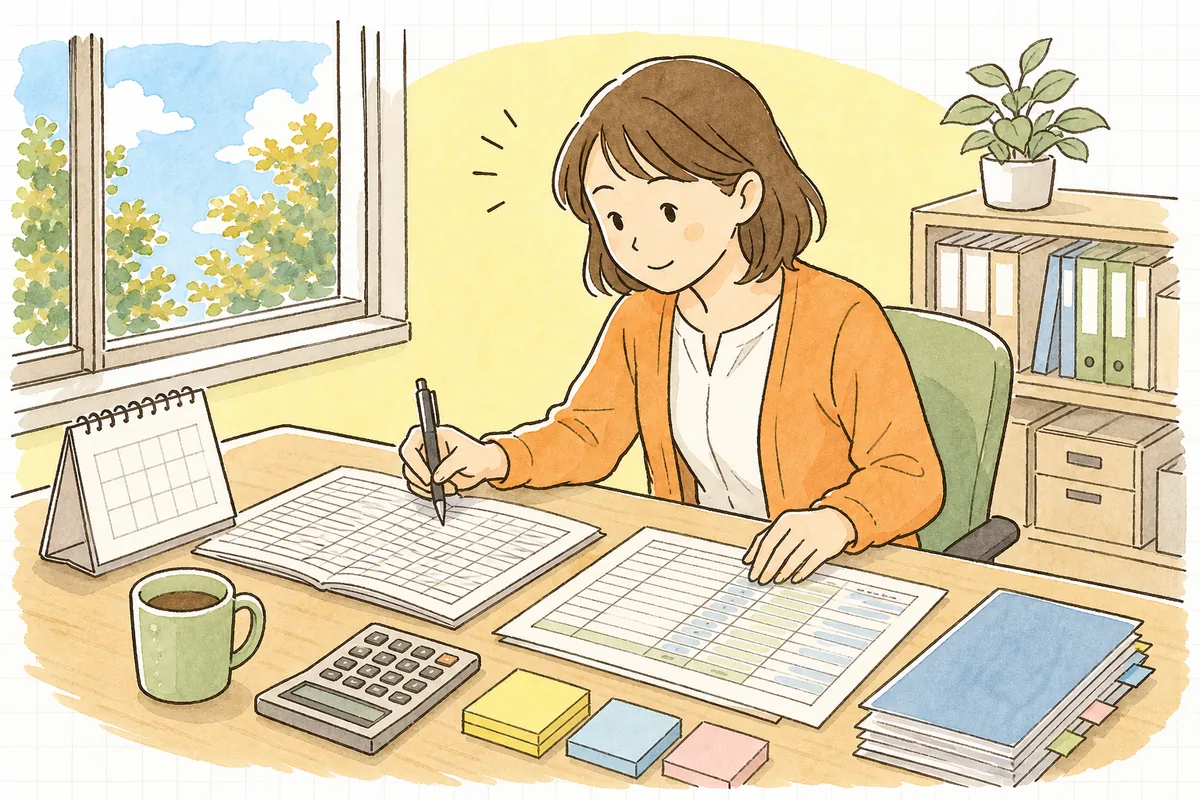 事務所の机で給与台帳と労働条件通知書、電卓を広げ、10月の最低賃金改定に向けて従業員の時給を静かに点検している中小企業のひとり労務担当者