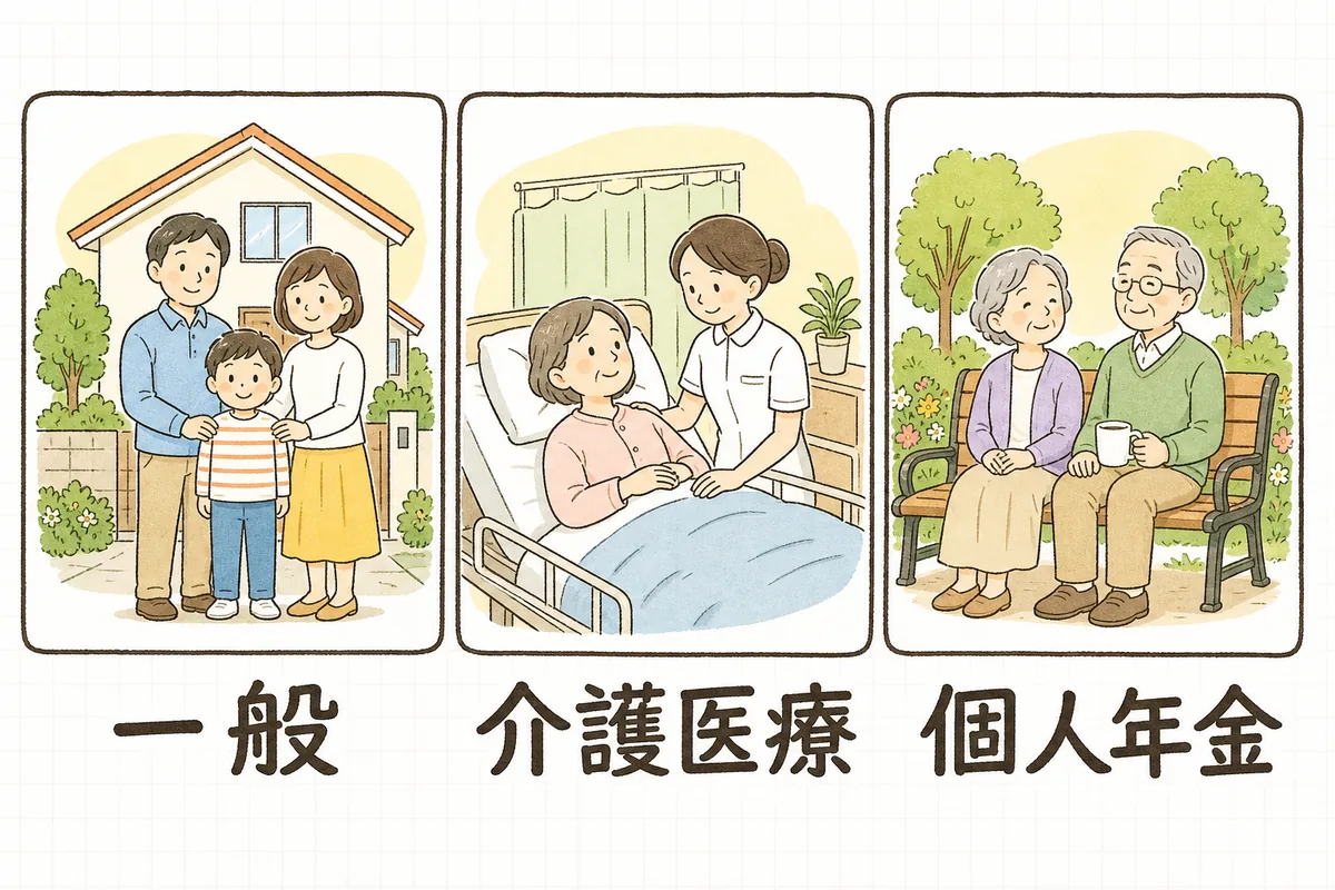 一般の生命保険、介護医療保険、個人年金保険の3つの区分を、家族・病院のベッド・老後の夫婦の絵で並べた図