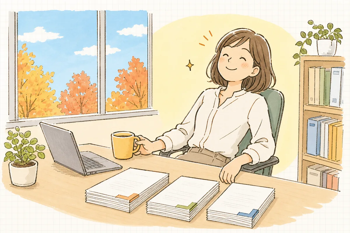 従業員から集めた控除証明書と申告書の確認を終え、きれいにそろえた書類を前にほっとした笑顔を見せる中小企業のひとり労務担当者