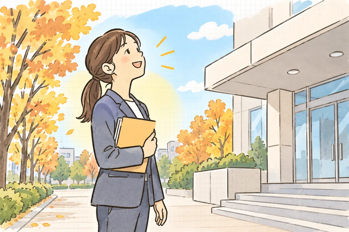 調査を終えて年金事務所の建物を出た労務担当者が、書類のファイルを抱えて晴れやかな表情で秋空を見上げている
