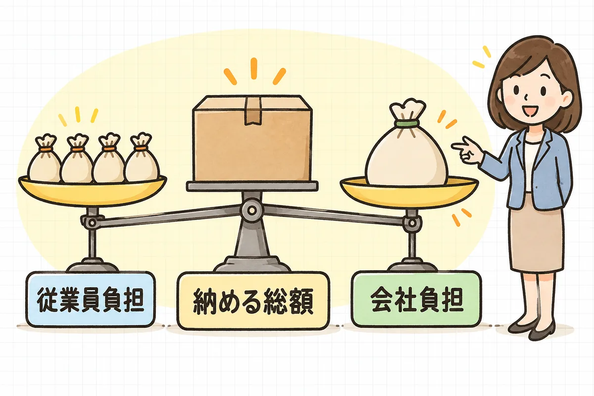 天秤の左の皿に従業員から預かった保険料の小さな袋がいくつも載り、右の皿に会社の負担分の袋が載っていて、中央の土台に納める総額の箱が置かれている概念図