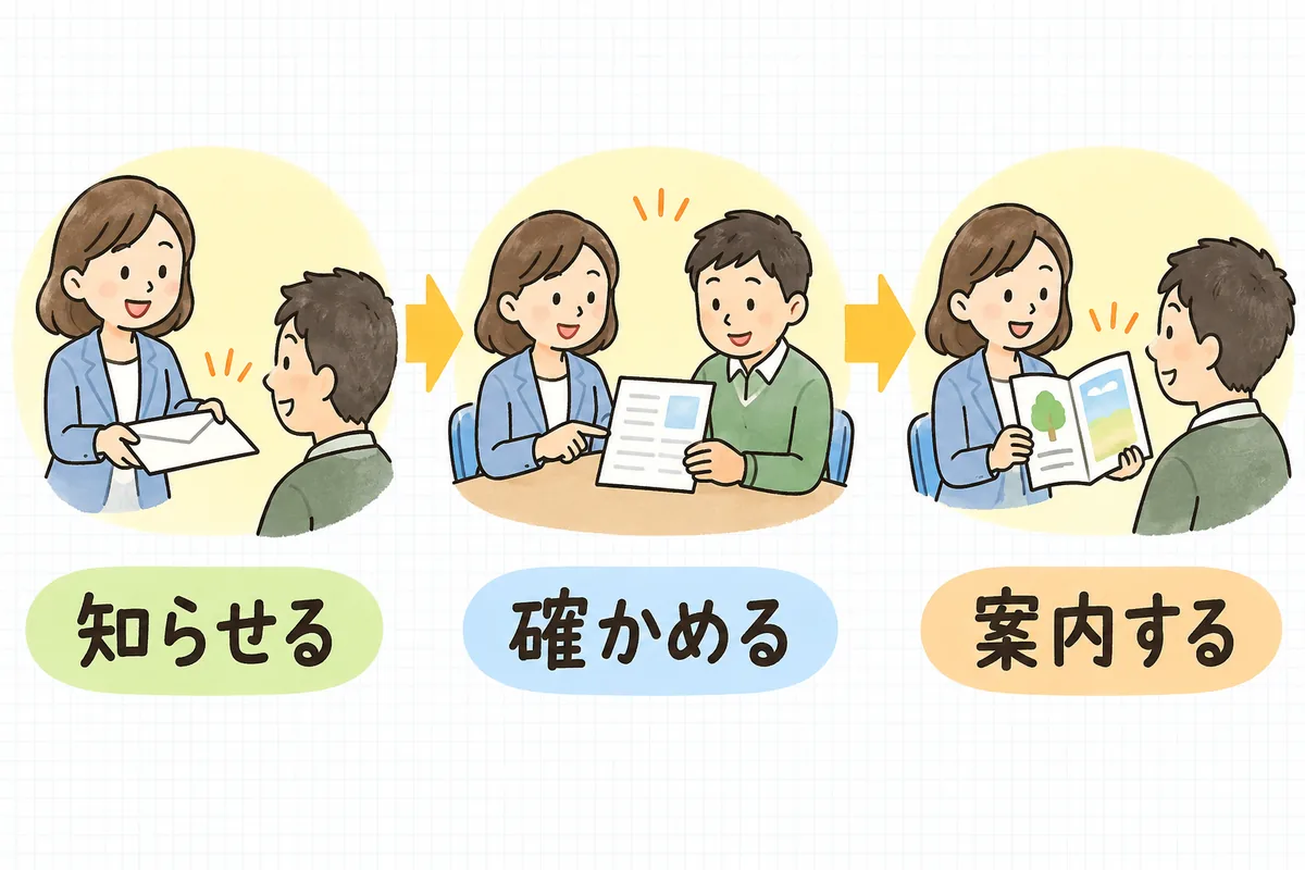 休職期間満了に向けた流れを、満了日を知らせる場面、復職できるかを話し合って確かめる場面、退職後の制度を案内する場面の3つに分けて左から右に並べた図