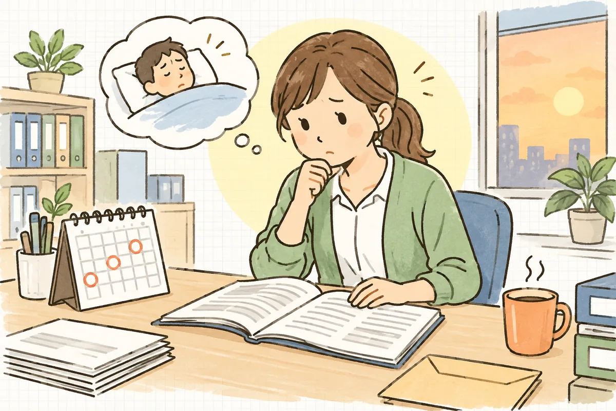 夕方の事務所で、就業規則の休職の条文と卓上カレンダーを見比べながら、長く休んでいる社員のことを思って静かに考えているひとり労務担当者