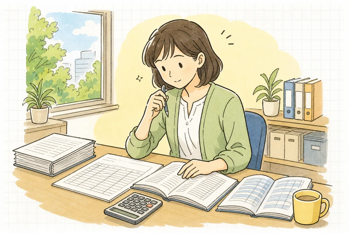 夏の賞与の支給明細と源泉徴収税額表を机に広げ、前月の給与を確認しながら賞与の所得税を落ち着いて計算している中小企業のひとり労務担当者