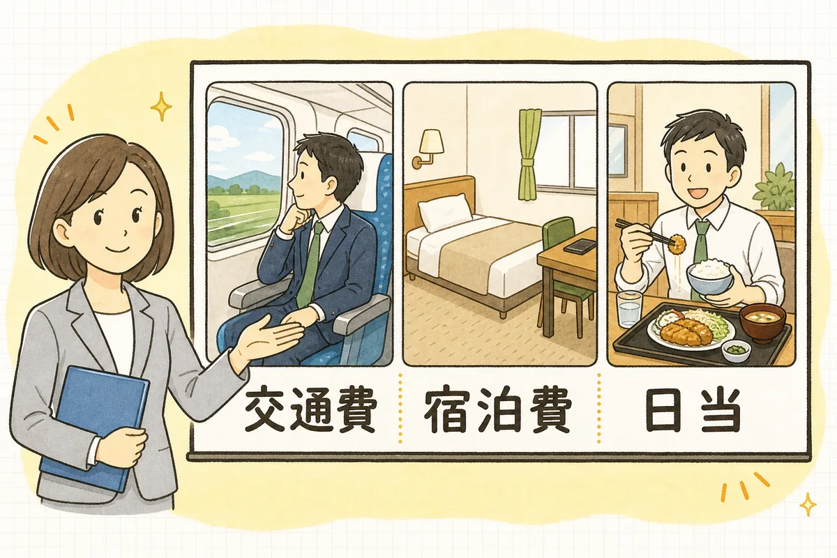 出張旅費を、電車に乗る場面の交通費、ホテルの部屋の宿泊費、出張先で昼食をとる場面の日当という3つの柱に分けて示した概念図