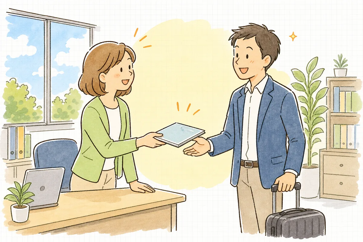 完成した出張旅費規程を社員に手渡し、社員が安心した笑顔で受け取っている明るい事務所の場面