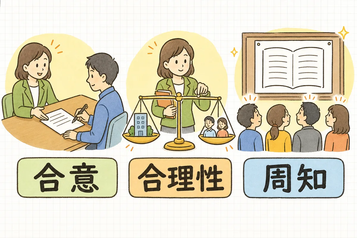 就業規則で労働条件を下げるときの2つの道すじ（一人ひとりの合意をもらう道と、合理性を確かめて周知する道）を左右に並べた概念図