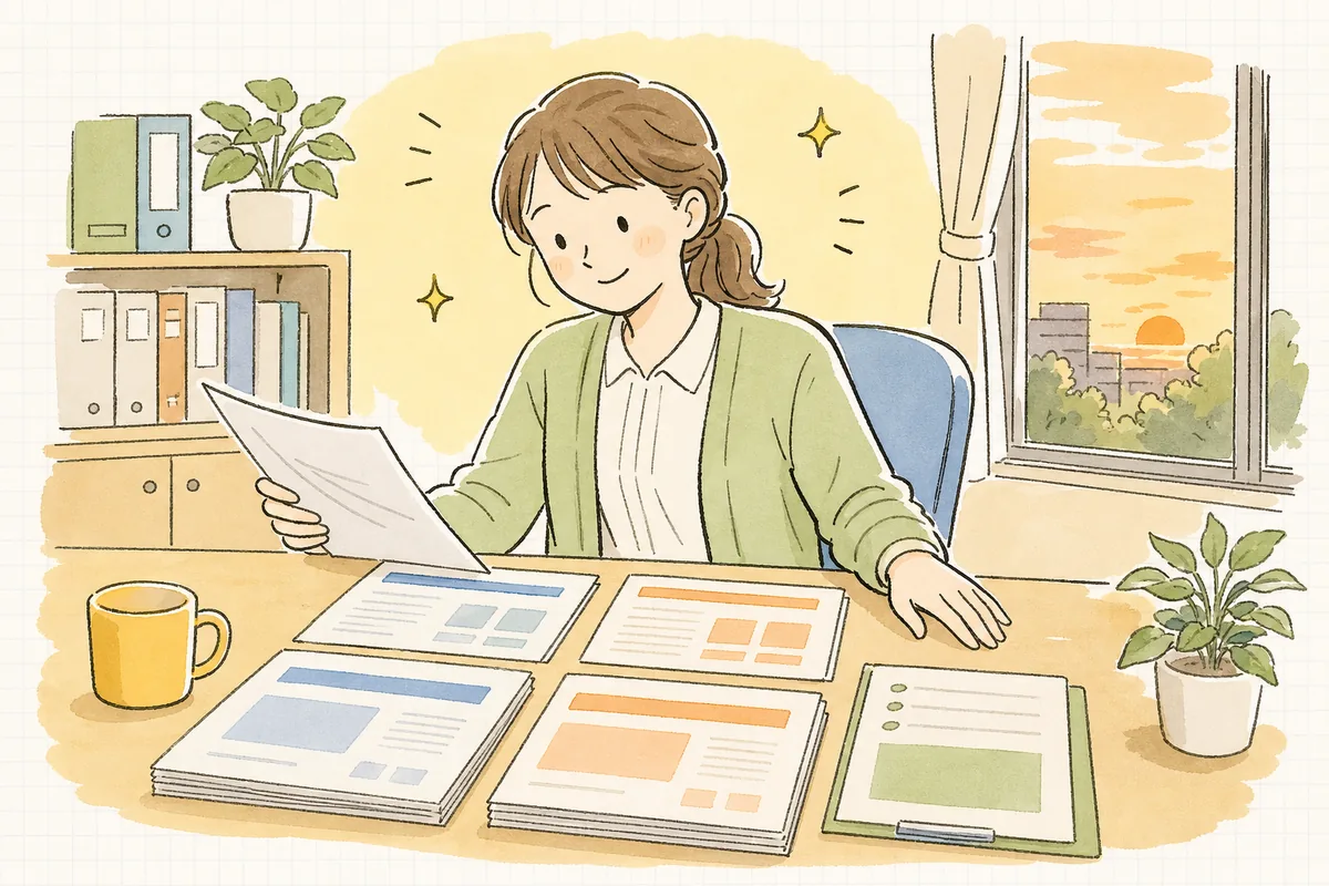 新旧対照と説明資料を整え終えて、肩の力が抜けて穏やかな表情を見せている中小企業のひとり労務担当者