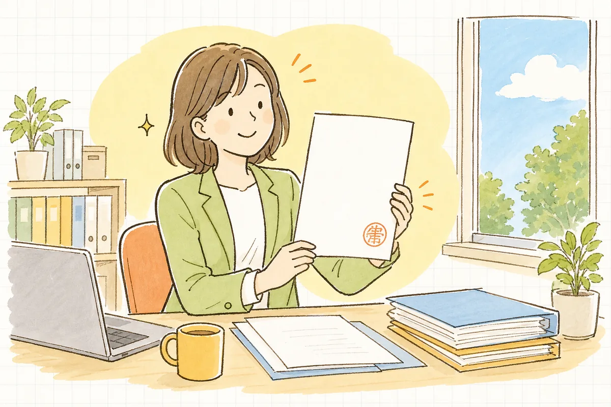 就業規則を作り終え、受付印の押された控えを手にして、肩の力が抜けて穏やかにほほえむ労務担当者