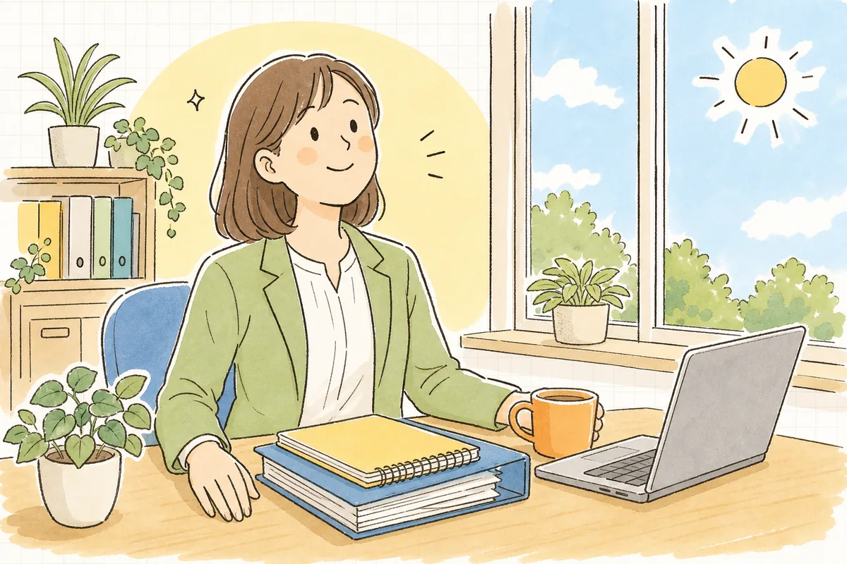 宿直の扱いを整理し終えて、明るい朝の事務所で整理したファイルを前に穏やかな表情で顔を上げているひとり労務担当者