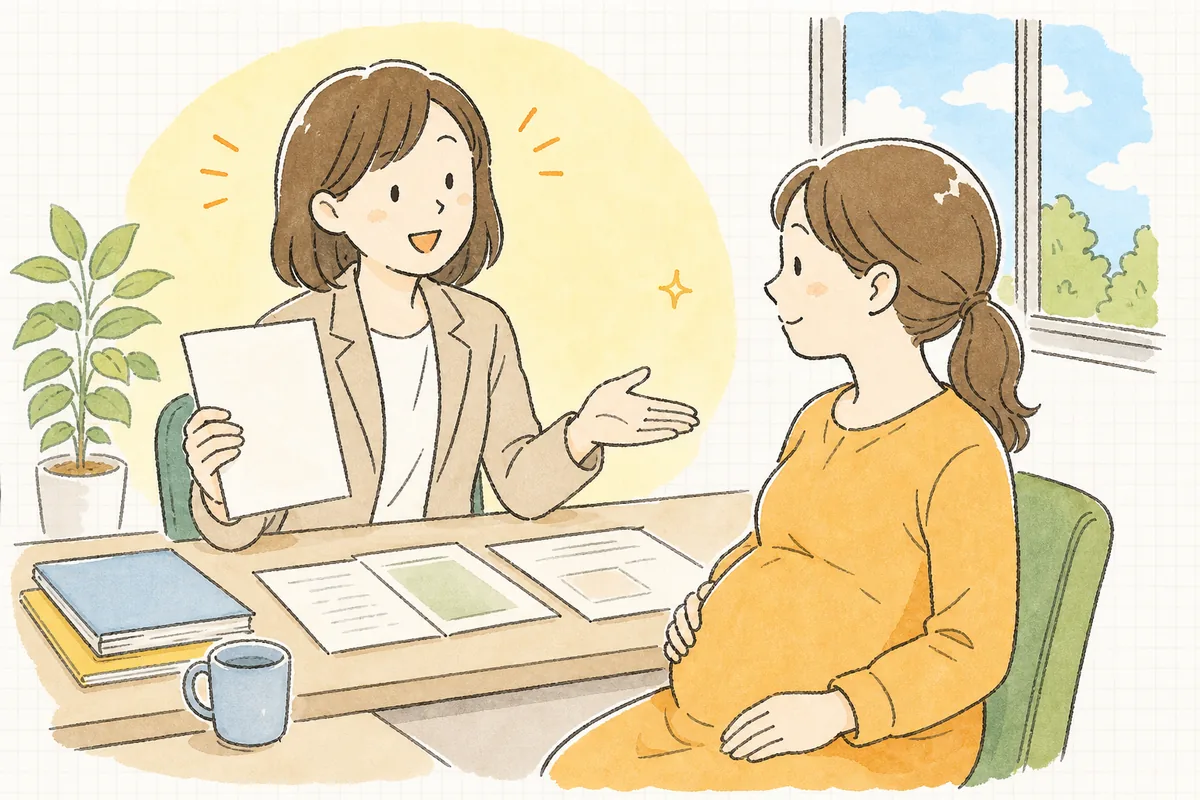 妊娠を報告しに来た従業員に、出産のときにもらえるお金の制度について案内しようとしている中小企業のひとり労務担当者