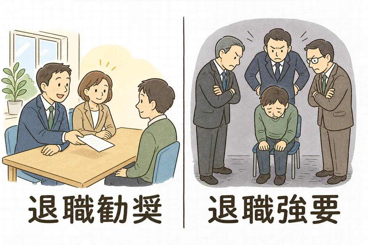 左側に会議スペースで労務担当者と上司の2人が従業員と机をはさんで穏やかに話し、書類を手渡している場面と「退職勧奨」のラベル、右側に狭い部屋で3人の上司が従業員1人を囲んで立ち、従業員がうつむいている場面と「退職強要」のラベルを並べた比較図