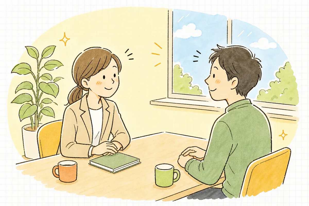 朝の明るい会議室で、面談を終えた労務担当者と従業員が穏やかな表情で会釈を交わし、労務担当者が手元のノートを閉じようとしている様子