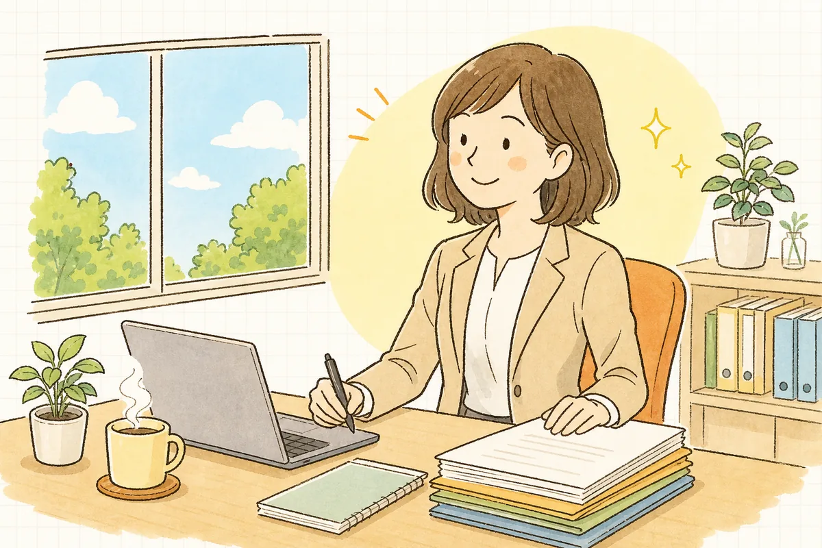 退職金の税額計算と書類の準備を終え、整理された退職手続きの書類を前に肩の力が抜けて穏やかにほほえむ中小企業のひとり労務担当者