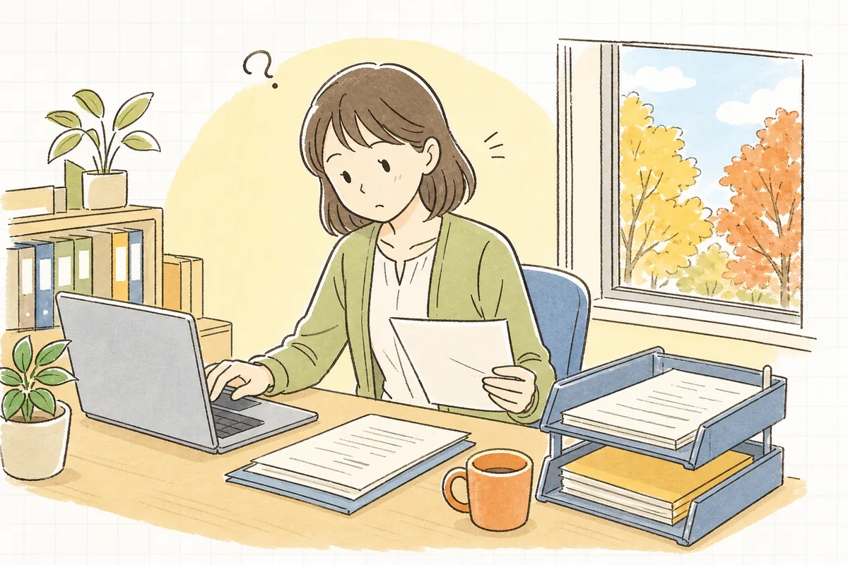 退職した元従業員の給与の記録をパソコンで確かめながら、源泉徴収票を作る準備をしている中小企業のひとり労務担当者