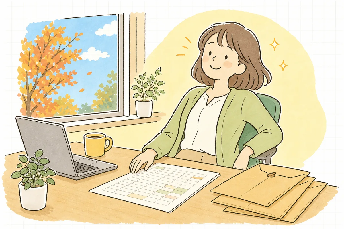 今年の退職者の一覧に交付済みの印をつけ終え、肩の力が抜けた表情でほほえんでいる中小企業のひとり労務担当者