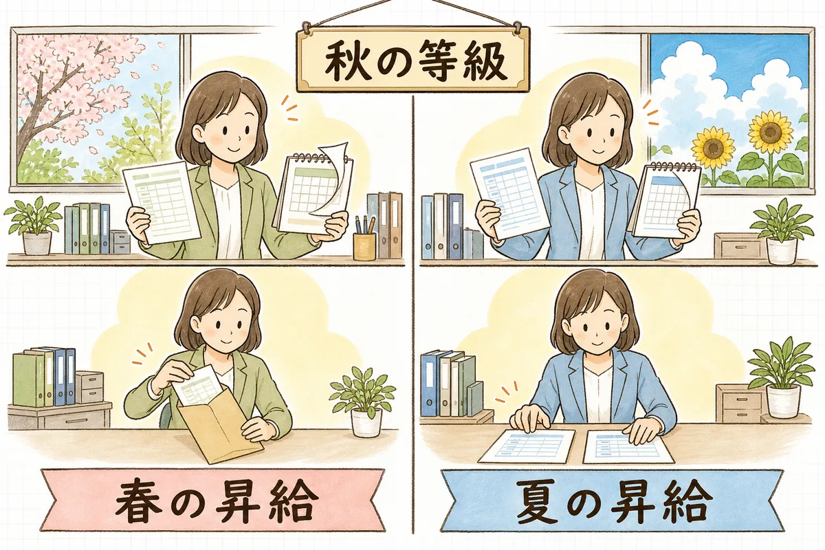 春に昇給した人は9月を待たずに月額変更で等級が決まり、夏以降に昇給した人はいったん定時決定の等級を通ってから変わることを、二つの列の対比で示した図