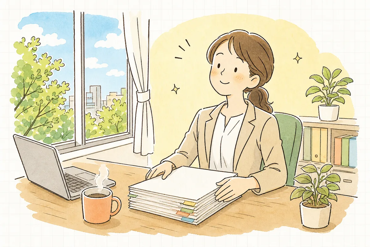 定時決定と随時改定の仕分けを終え、整えた書類をそろえて穏やかに前を向いている中小企業のひとり労務担当者