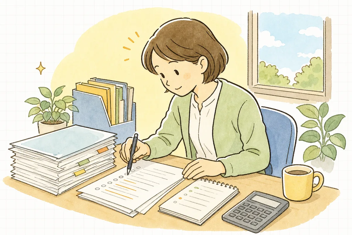 まもなく定年を迎える社員の再雇用について、継続雇用の条件や社会保険の手続きメモを机に広げ、順番を一つずつ確認している中小企業のひとり労務担当者