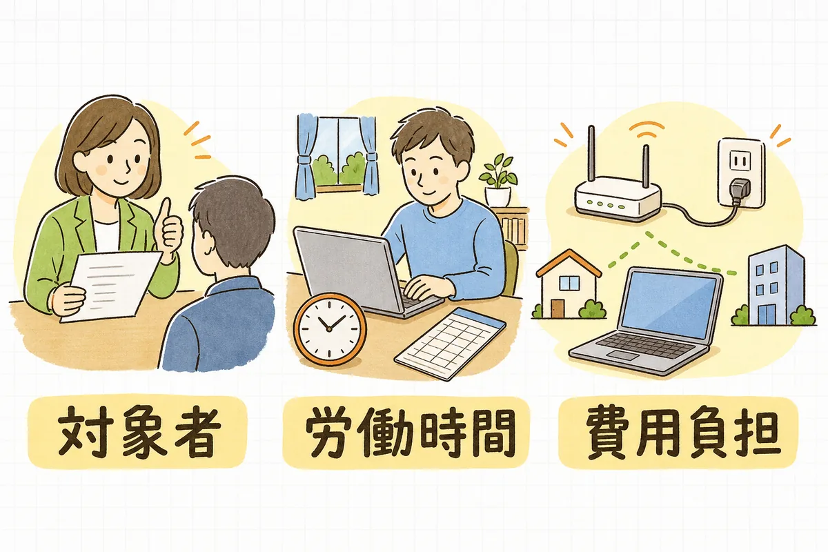テレワーク規程で決める3つの柱（誰がやるかの対象者、労働時間の扱い、費用の負担）を左中右に並べた概念図
