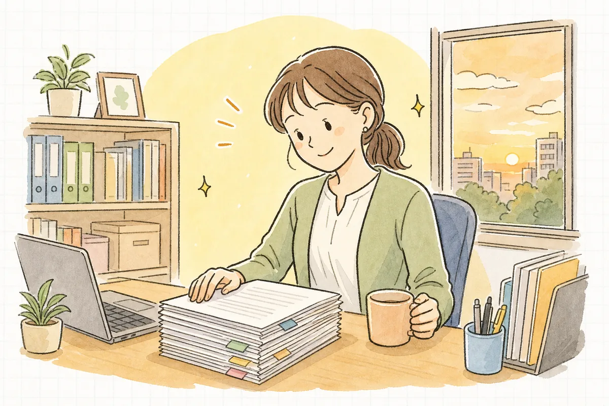 テレワーク規程を書き終えて、机の上に整えた書類を前に肩の力が抜けて穏やかにほほえんでいる中小企業のひとり労務担当者