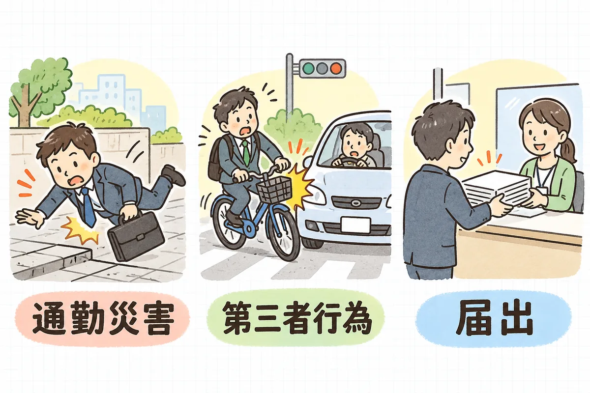 通勤途中の転倒は通勤災害、通勤途中の車との接触は第三者行為、担当者による書類の提出は届出として、3つの場面を並べた図