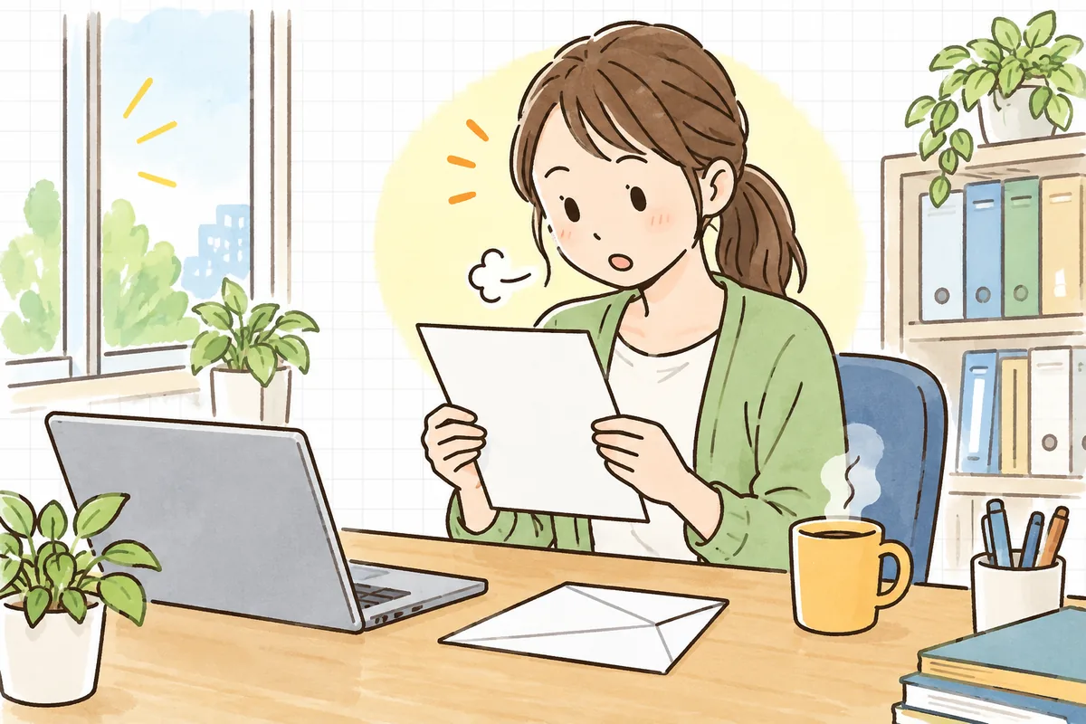 朝の事務所で、届いたばかりの封書を開き、一枚の申入書を手にしたまま少し驚きつつも落ち着こうとしている中小企業のひとり労務担当者