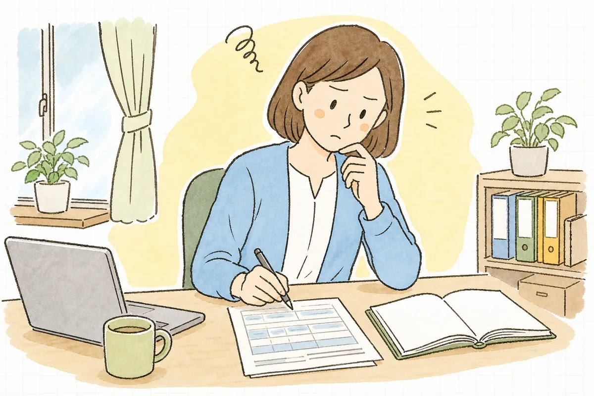 事務所の机で給与明細と就業規則を並べ、どの手当を残業代の計算に入れるか手を止めて考えている中小企業のひとり労務担当者