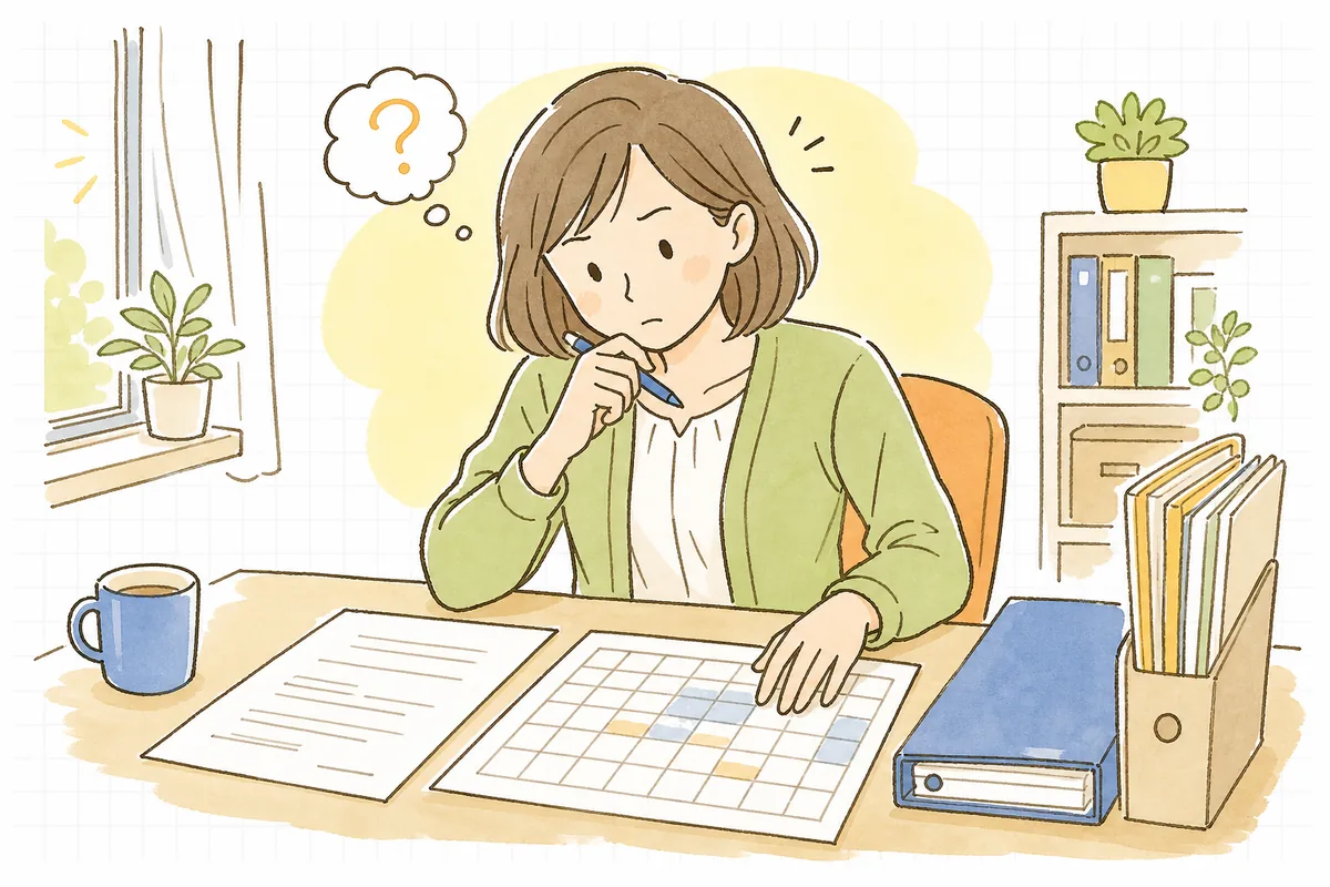 事務所の机でシフト表と雇用契約書を並べ、週3日勤務のパート従業員に有給を何日つければよいか考えている中小企業のひとり労務担当者