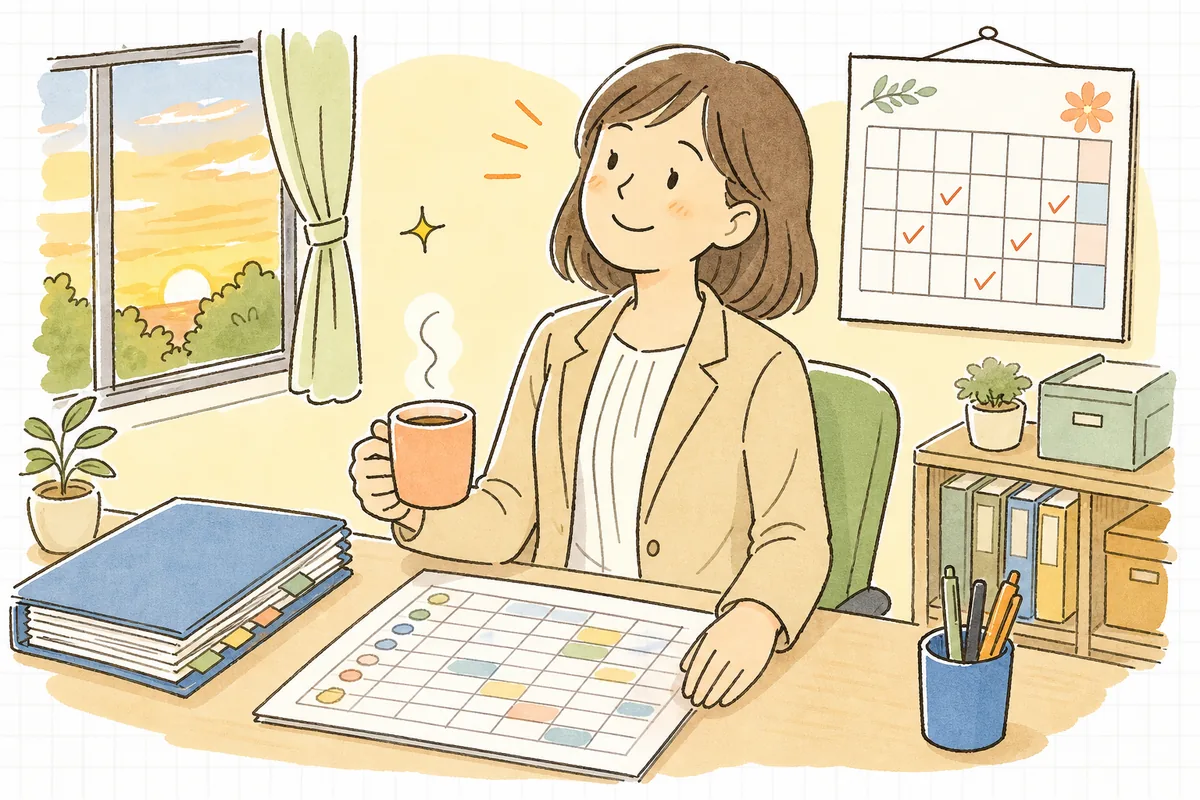 パート従業員の有給付与日数をまとめた一覧表を作り終え、肩の力を抜いて穏やかにほほえんでいる中小企業のひとり労務担当者