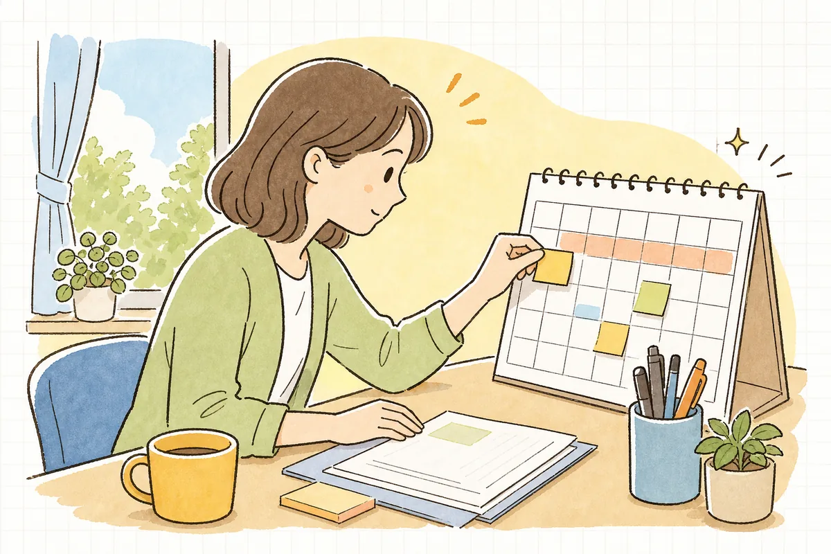事務所の机でカレンダーに付箋を貼りながら、夏季や年末年始に有給の計画的付与をあてる日を考えている中小企業のひとり労務担当者
