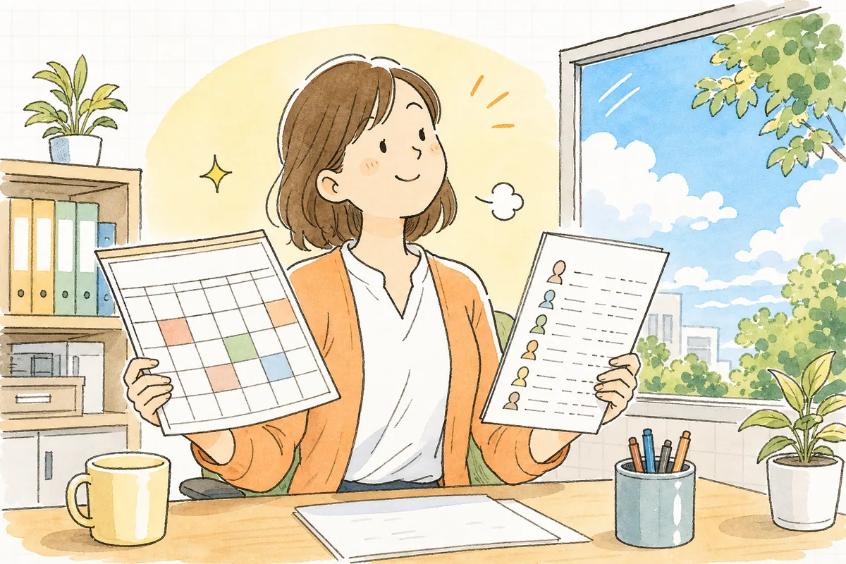 有給の計画的付与の日程を決め終え、全員が休みを取れる見通しの立った一覧を手に、肩の力が抜けて穏やかにほほえむ労務担当者
