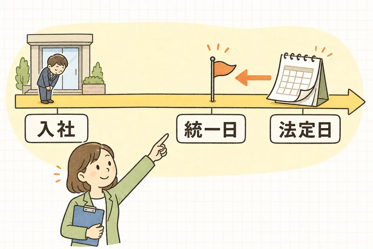 入社から法定の付与日までの時間の流れの上で、統一日を法定の付与日より前に置くことを示した概念図