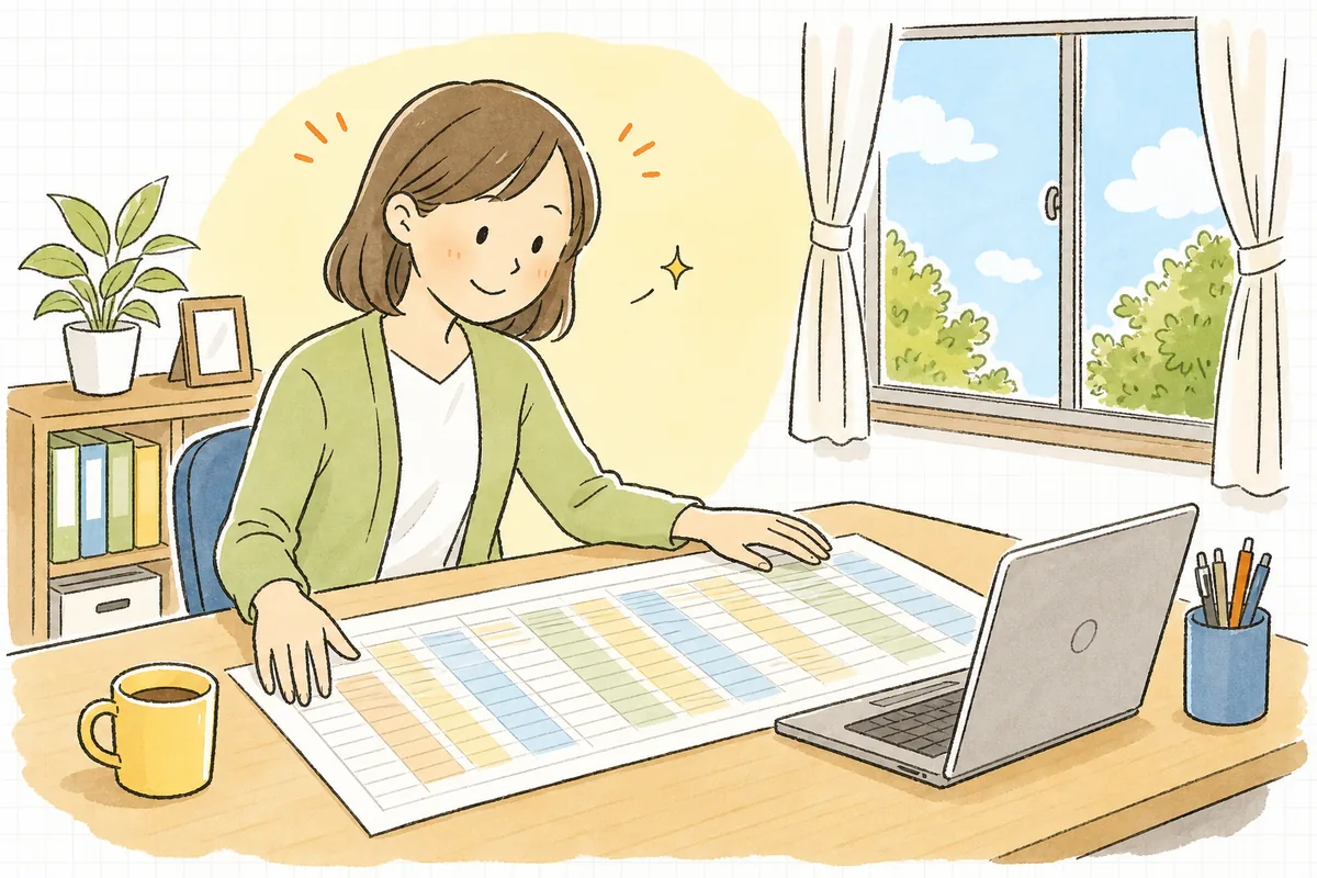 有給の基準日をそろえ終えて、全員が1枚に並んだ管理表を前に肩の力が抜けて穏やかにほほえんでいる中小企業のひとり労務担当者