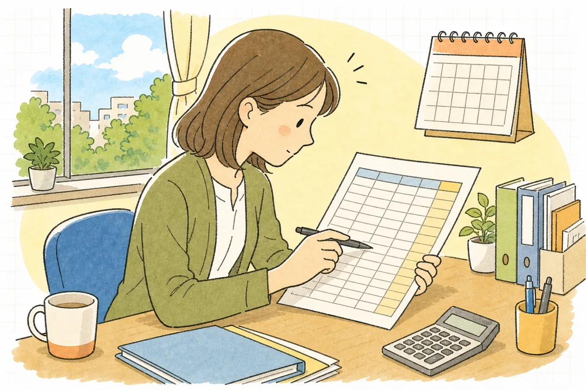 事務所の机で従業員ごとの有給休暇の残日数一覧を見ながら、繰り越した分と今年付与した分がどれだけ残っているかを一人ずつ確認している中小企業のひとり労務担当者