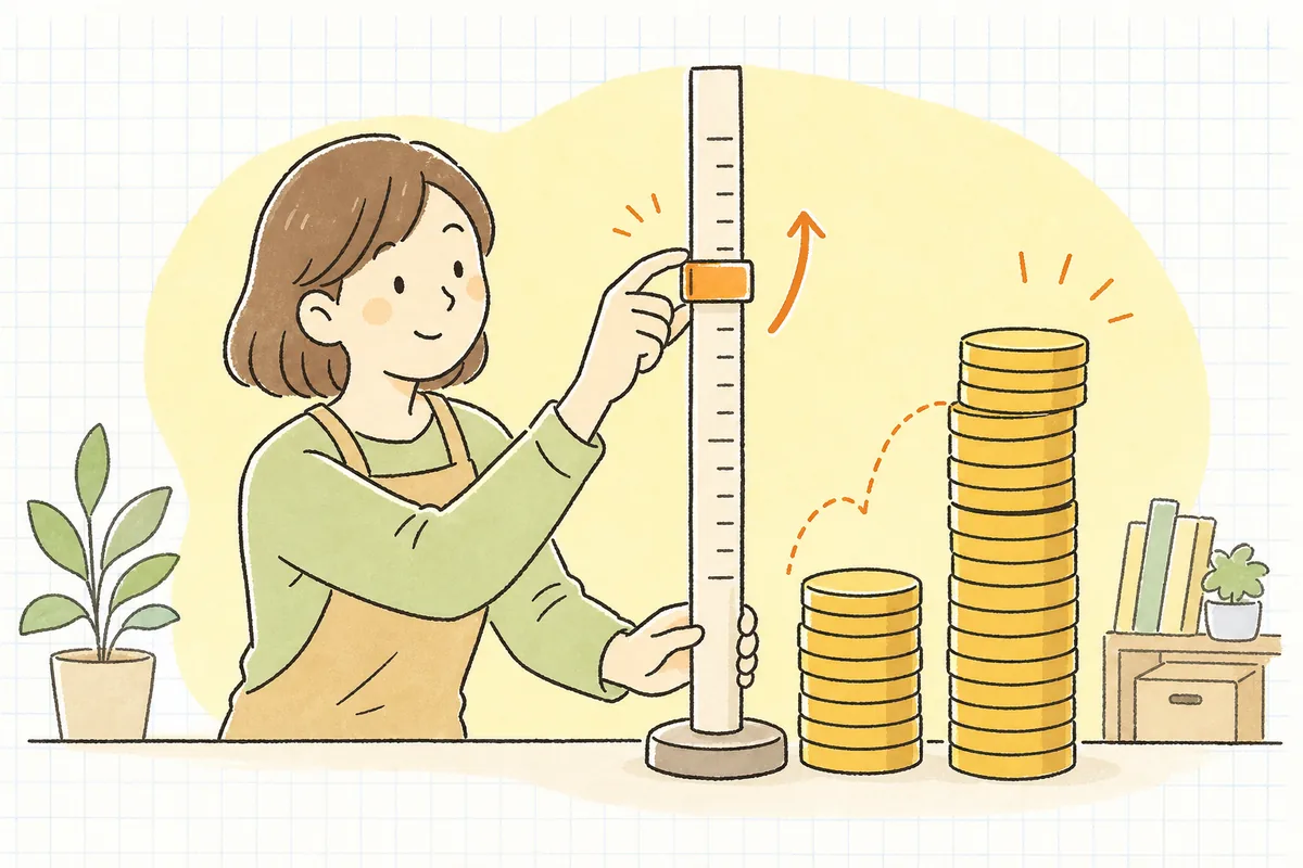 給与のコインの高さが急に大きく変わったのを見て、担当者が年1回を待たずに保険料のものさしの目盛りを途中で合わせ直そうとしている様子